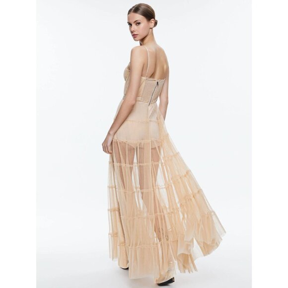 Alice + Olivia Deena Pleated Almond Maxi Dress With Hot Pant 0 NWT $660 - Picture 3 of 13
